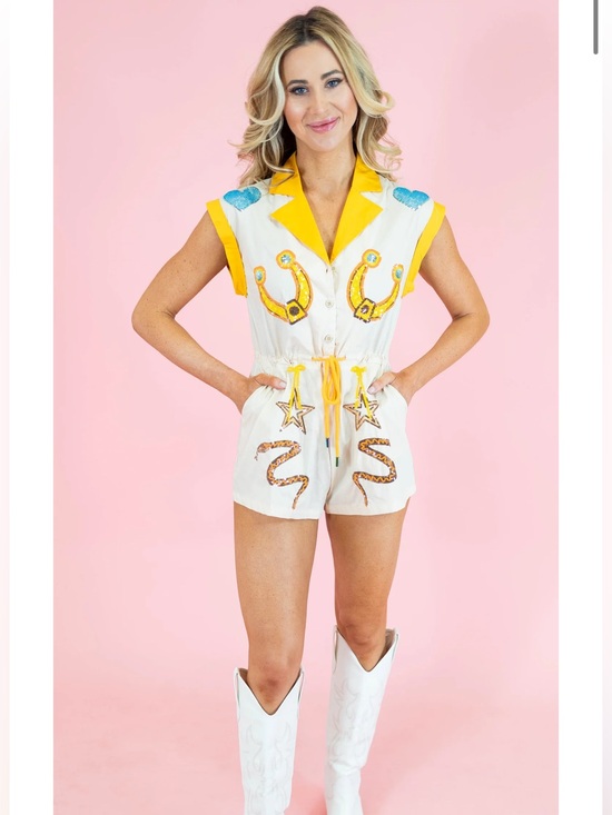 QUEEN OF SPARKLES Pants - QUEEN OF SPARKLES Tan/Nude Romper with Yellow Trim & sequin Western accents!